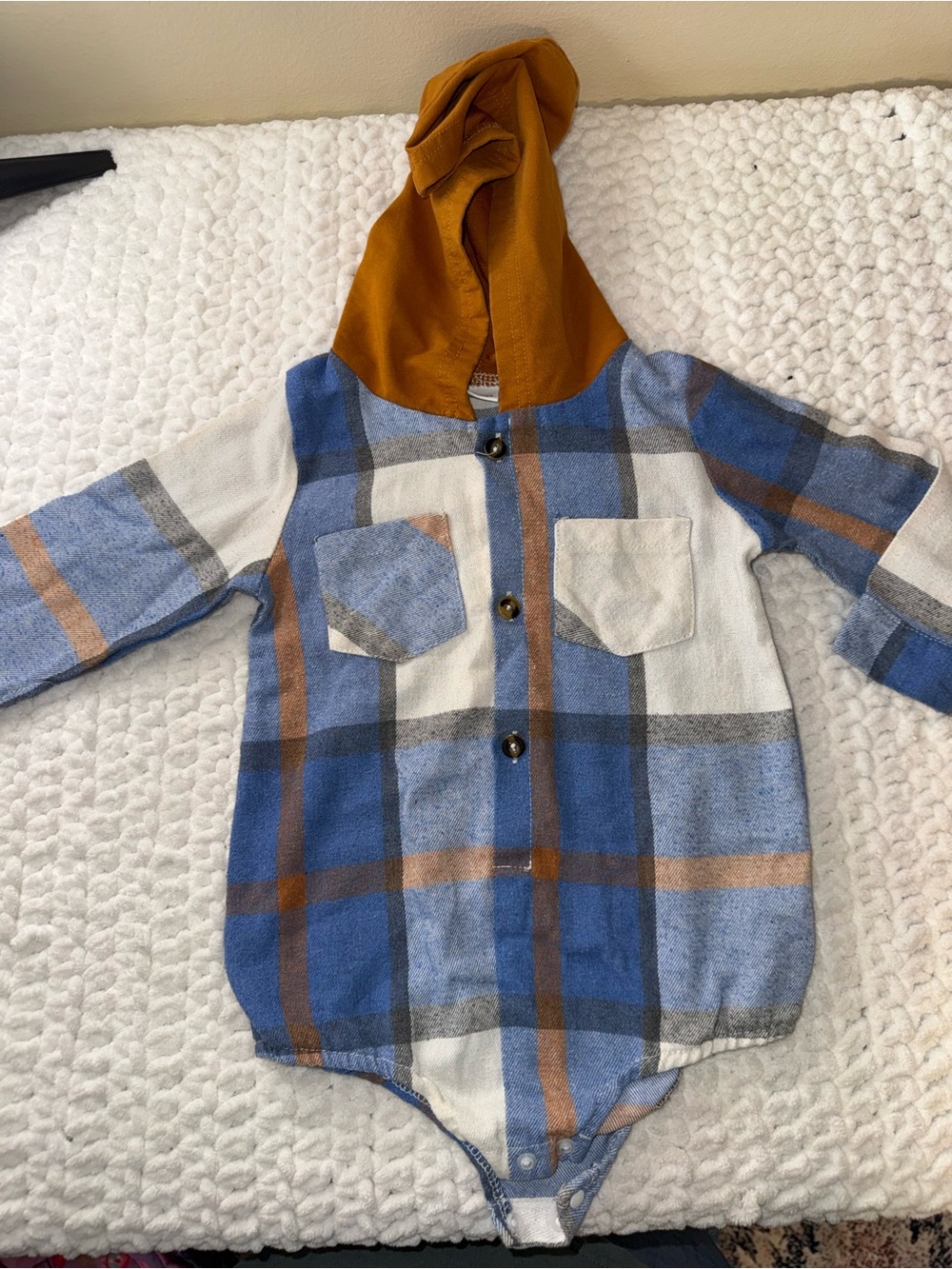 Kids Plaid Hooded One-Piece Shirt Romper - Blue & Mustard